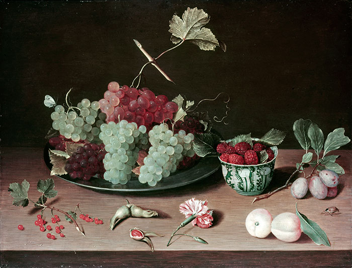 Freeman, John R. and Co. — Soreau Isaac - sec. XVII - Natura morta con piatto d'uva, lamponi, nocciole, prugne, albicocche e garofano — insieme